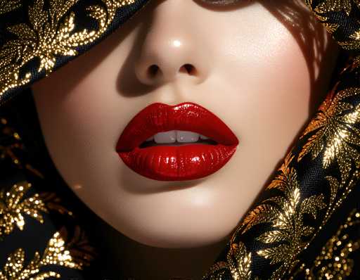 A close-up portrait focuses on a woman's lips, adorned with glossy red lipstick, emerging from a luxurious black and gold patterned fabric. The lighting highlights the texture of her skin and the reflective surface of her lips, creating a glamorous, stylized aesthetic. The spatial relationship emphasizes the dramatic focus on the mouth.