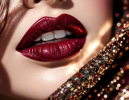 The image shows a close-up view of a woman's face with her lips painted a deep red color and her eyes closed. The background is blurred, suggesting the focus is on the woman's face and lips.