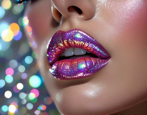 A close-up, digitally rendered portrait focuses on a woman's lips adorned with iridescent, glittery lipstick. The focus is soft, highlighting the glossy texture and vibrant color against a blurred backdrop of bokeh lights in various hues. The spatial relationship emphasizes the lips' prominence, creating a glamorous and artistic effect.