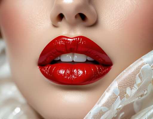 A close-up, high-contrast portrait focuses on a woman's lips, showcasing intensely glossy, vibrant red lipstick. The focus is sharply on the mouth, with a soft, blurred background emphasizing the delicate texture of her skin and a hint of a lace fabric. The art style is glamorous, emphasizing beauty and dramatic detail.