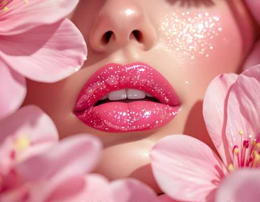A close-up, softly blurred portrait features a woman's lips and cheek, adorned with vibrant pink glitter makeup, nestled amongst delicate pink cherry blossom petals. The focus is on the full, glossy lips, with a shallow depth of field emphasizing the soft, dreamy aesthetic. The art style is highly stylized and glamorous, focusing on beauty and texture.