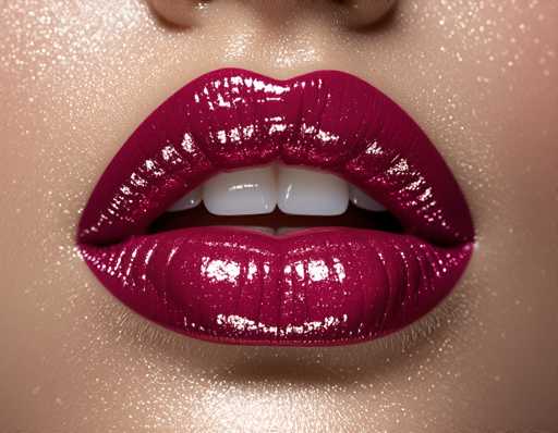 The image features a close-up of glossy, deep burgundy lips with a shimmering finish. The lips are centrally positioned against a softly blurred, light-toned background, emphasizing their full volume and reflective texture. The art style is highly stylized, focusing on a glamorous, almost hyper-realistic aesthetic with an emphasis on light and texture.