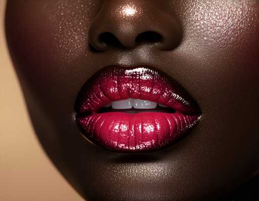 The image shows a close-up view of a person's face with their lips and nose prominently featured. The lips are painted in a striking shade of red, while the nose is a darker color that contrasts with the lip color. The background appears to be a light brown or tan color, which complements the overall look. There are no texts present in the image.