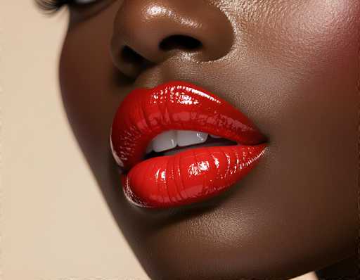 A close-up, photorealistic portrait showcases a woman's dark skin and vibrant red lips, glossy with a reflective finish. The focus is on the mouth, revealing a glimpse of white teeth and a subtle hint of a black nose. The lighting highlights the texture of the skin, creating a smooth, almost digital aesthetic.
