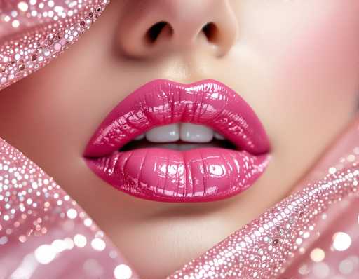 A close-up, softly blurred portrait focuses on a woman's vibrant pink lips, adorned with glossy lipstick. The lips are framed by a shimmering, sequined fabric, creating a glamorous and luxurious feel. The focus is shallow, emphasizing the detailed texture of the lips and fabric against a blurred background.