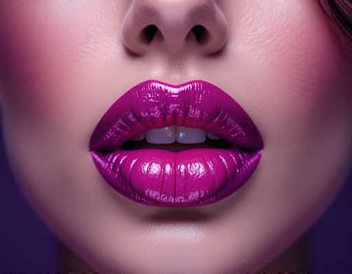 The image features a close-up, symmetrical portrait of full lips with vibrant, glossy magenta lipstick. The focus is on the mouth, with a prominent nose in the center. The art style is photorealistic, emphasizing smooth skin texture and a soft, diffused lighting against a dark purple background.