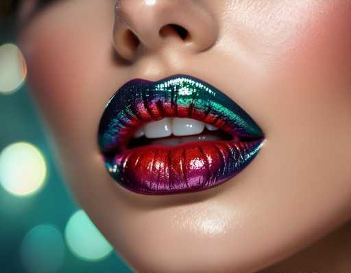 The image shows a close-up view of a woman's lips and mouth, with the focus on her vibrant red lipstick. The background is blurred, but it appears to be a room filled with colorful lights that create an artistic and visually striking effect.