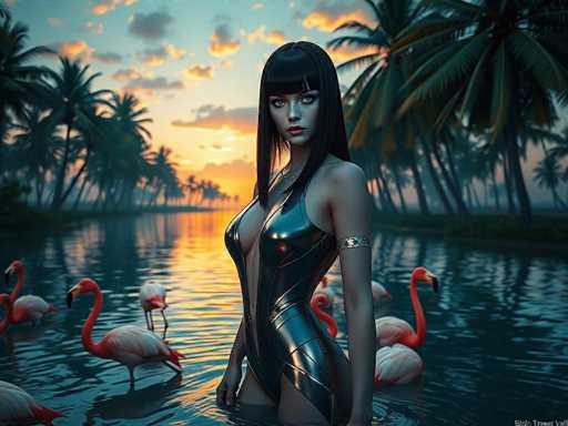 A futuristic gynoid with raven-black hair and piercing blue eyes stands in a tranquil tropical oasis. She wears a sleek, metallic swimsuit amidst a group of flamingos in a calm lake at sunset. Towering palm trees frame the scene with warm, golden light, creating a serene and cinematic hyper-realistic image.