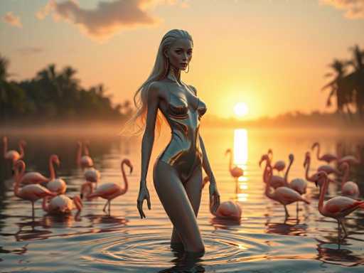 A hyper-realistic, cinematic image depicts a slender, silver-haired gynoid in a shimmering swimsuit standing in shallow water with flamingos. The warm, golden sunrise bathes the scene in a serene light, highlighting the sharp focus and detailed cybernetic aesthetic. The spatial relationship places the goddess as the central figure, surrounded by the flock of flamingos in a tropical landscape.