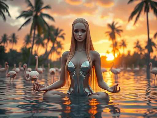 A serene, hyper-realistic image depicts a beautiful gynoid with long, golden hair and sapphire eyes meditating in a tropical lake at dawn. She wears a sleek silver swimsuit, surrounded by flamingos and towering palm trees under a warm, golden sky. The scene exudes a futuristic tranquility with soft lighting and sharp focus.
