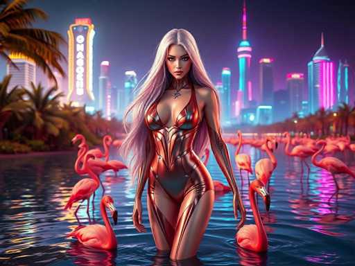 The image depicts a woman standing in water surrounded by flamingos. The woman is wearing a red and silver bodysuit with long blonde hair cascading down her back. The flamingos surrounding the woman have pink feathers and are facing towards the right side of the image. In the background, there are buildings that appear to be neon lights, suggesting an urban setting.