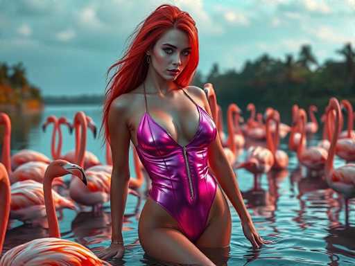 A captivating, digitally-rendered image features a stunning woman with vibrant red hair and a metallic pink swimsuit, positioned in a tropical lake. She's surrounded by a flock of flamingos, their reflections shimmering on the calm water. The scene boasts vibrant neon lighting and a futuristic style with sharp focus, creating a playful, cinematic atmosphere.