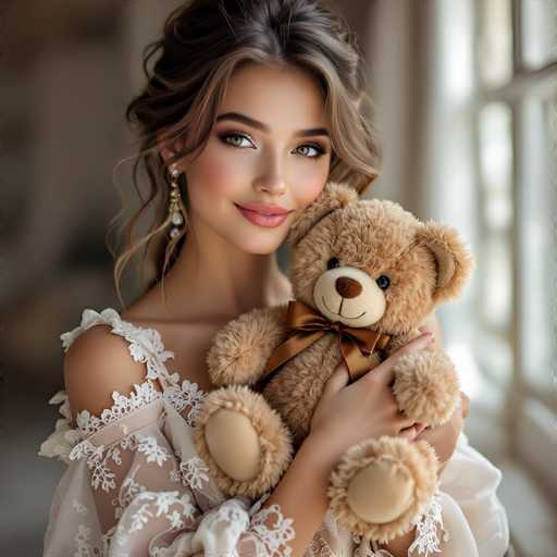 A beautiful woman with soft, warm lighting and a gentle smile cradles a plush teddy bear in her arms. She wears an elegant, sheer lace dress and ornate earrings, creating a soft, romantic aesthetic. The focus is on her serene expression and the tender connection with the teddy bear, set against a blurred, softly lit background.