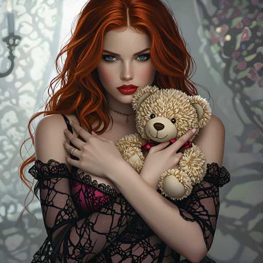A woman with vibrant red hair and freckles, wearing a black lace off-the-shoulder top, cradles a teddy bear with a pink bow. She gazes directly at the viewer with intense blue eyes, her hands gently holding the bear close. The soft lighting and detailed textures create a romantic, intimate portrait with a slightly vintage aesthetic.