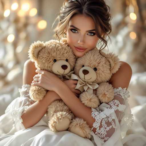 A woman is seen holding two teddy bears with a white lace dress and a white headband on her head. The background features a blurred image of a room with lights that cast a warm glow over the scene.