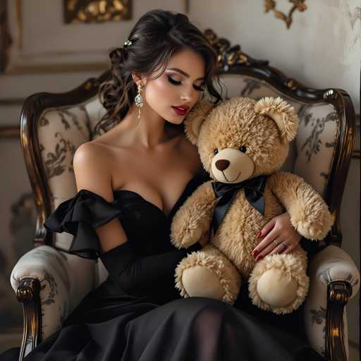 A woman is seated on a chair with her legs crossed and wearing a black dress. She holds a brown teddy bear in her arms.