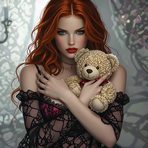 A stunning digital painting of a beautiful woman with vibrant, flowing red hair and freckles, wearing a black lace off-the-shoulder top. She's holding a fluffy beige teddy bear with a red bow, her gaze directed at the viewer with a captivating expression. The background is softly blurred, suggesting a dimly lit room with a window featuring an ornate lamp and a patterned curtain. The overall style is romantic and slightly ethereal, with soft lighting highlighting the woman's features and the texture of her clothing.