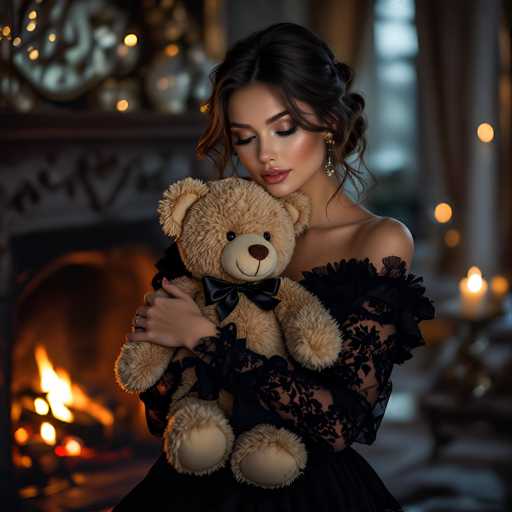 A woman in a black lace dress is tenderly holding a teddy bear with a black bow, her eyes closed as she gazes at the warm glow of a fireplace. The scene is softly lit, with golden bokeh lights scattered in the background and a blurred reflection of a decorative mirror on the fireplace mantel. The overall mood is one of warmth, intimacy, and gentle comfort.