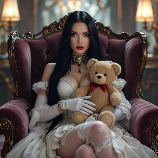 A woman in a vintage white gown and ornate jewelry sits in a plush red armchair, cradling a teddy bear with a red bow. Her long black hair cascades around her, and she gazes directly at the viewer with a serene expression. The art style is highly detailed and romantic, reminiscent of a Renaissance portrait with soft lighting and rich textures.