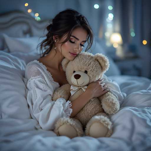 A woman in a white nightgown cuddles with a teddy bear in a dimly lit bedroom. Soft, warm lighting creates a cozy atmosphere, highlighting the intimate embrace. The focus is on comfort and tenderness, with the blurred background emphasizing a peaceful, nighttime scene.