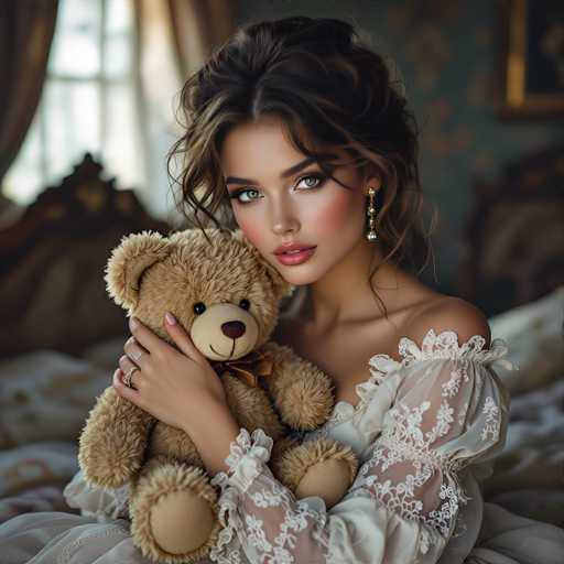 A woman with striking green eyes and soft makeup cradles a plush brown teddy bear in an opulent, vintage-style setting. She wears a delicate lace off-the-shoulder gown and ornate gold earrings, her hair styled in voluminous curls. The focus is on intimacy and a touch of romanticism, with soft lighting emphasizing the model's serene expression.
