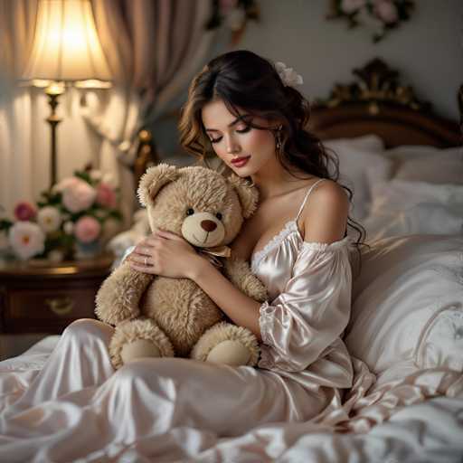 A woman in a satin robe tenderly cradles a teddy bear, her eyes gazing down. Soft lighting creates a romantic, intimate atmosphere in an opulent bedroom setting with a floral arrangement on a bedside table. The image exudes a dreamy, vintage aesthetic.