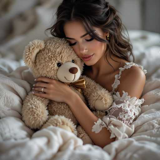 A woman with long, wavy hair and delicate makeup is nestled in a soft bed, tenderly embracing a plush teddy bear. The focus is on intimacy and comfort, with the soft lighting emphasizing the gentle closeness between them. The art style leans towards a romantic, intimate portrait with a soft, dreamy quality.