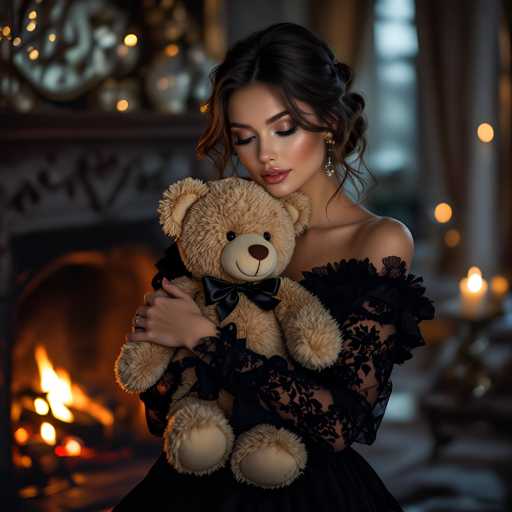 A woman is seen holding a brown teddy bear with black bow tie and a black dress. The setting appears to be indoors, possibly near a fireplace or a window that lets in light from outside.