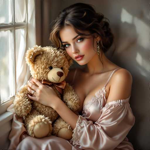 A woman in a soft pink satin robe cradles a fluffy teddy bear, gazing at the viewer. The image is bathed in soft light streaming through a window, creating a warm and intimate atmosphere. The art style leans towards a romantic portrait with a focus on soft textures and delicate lighting, emphasizing the woman's gentle embrace of the teddy bear.