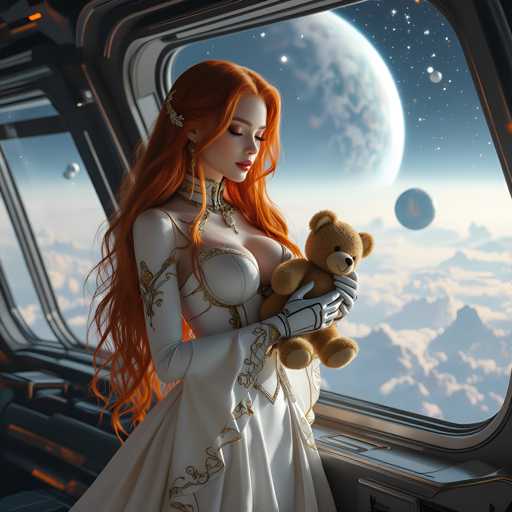 A woman with long red hair wearing a white dress and gold jewelry is holding a teddy bear while looking out of a window at the moon and planets.