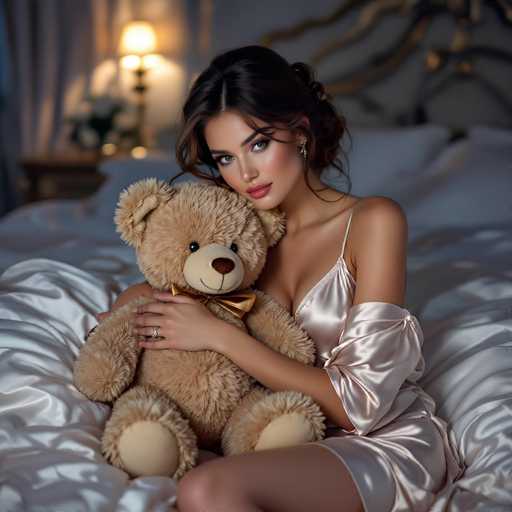 A woman in a satin robe sits on a bed, cuddling a teddy bear. She has long, dark hair and is wearing delicate jewelry. The lighting is soft and warm, creating a romantic atmosphere.