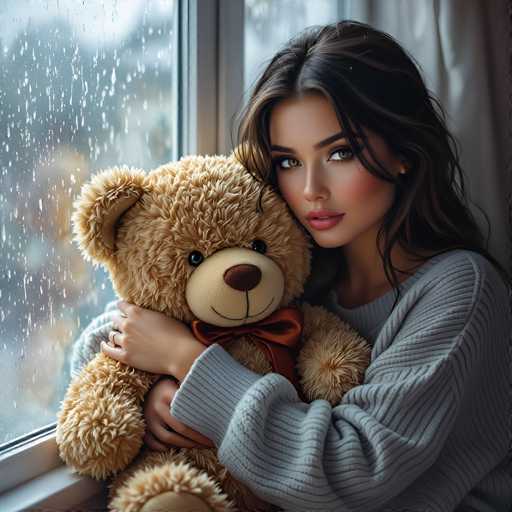 A young woman with long, dark hair and a soft expression embraces a large, fluffy teddy bear in a cozy indoor setting. Rain streaks the windowpane behind them, creating a soft, atmospheric backdrop. The art style is realistic and intimate, focusing on the close connection between the woman and her comforting companion.
