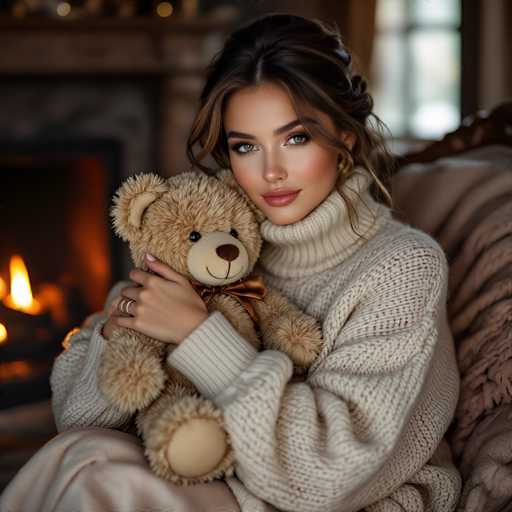 A woman with soft, warm lighting and a cozy expression is nestled in a plush armchair, embracing a teddy bear. The focus is on her gentle gaze and the soft textures of her cream-colored sweater and the bear's fur. A warm fireplace glows softly in the background, creating a comforting, intimate atmosphere with a soft, romantic aesthetic.