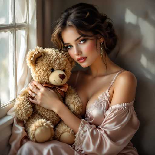 A woman with brown hair is sitting by a window and holding a teddy bear.