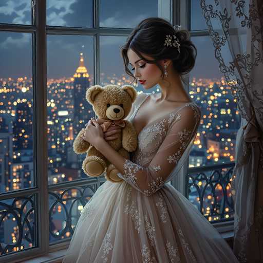 A woman in a delicate, ethereal wedding gown gazes out of a window at a glittering cityscape at twilight. She tenderly holds a teddy bear, her elegant dark hair styled with floral accents. The art style is romantic and dreamlike, emphasizing soft lighting and a focus on the woman's gentle expression.
