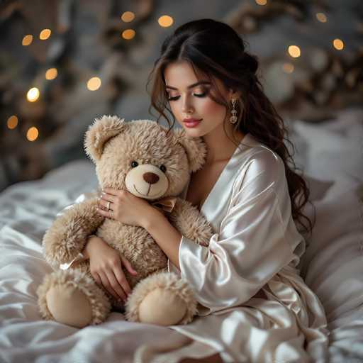 A woman in a silky white robe tenderly holds a large, soft teddy bear while nestled in a bed adorned with warm, blurred fairy lights. The focus is on the woman's gentle expression and the comforting embrace, creating a cozy, intimate, and softly romantic atmosphere. The art style is soft and dreamy, emphasizing texture and gentle lighting.