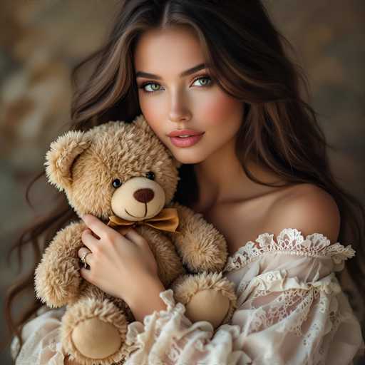 A stunning woman with long, flowing brown hair and captivating green eyes gently cradles a soft, light brown teddy bear. The focus is on her intimate embrace with the plush toy, set against a blurred, warm-toned backdrop. The art style is soft and romantic, emphasizing a gentle, intimate moment.