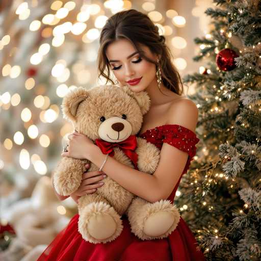 A woman is seen holding a brown teddy bear with a red bow around her neck and wearing a red dress. The setting appears to be indoors, possibly near a Christmas tree decorated with red and gold ornaments.