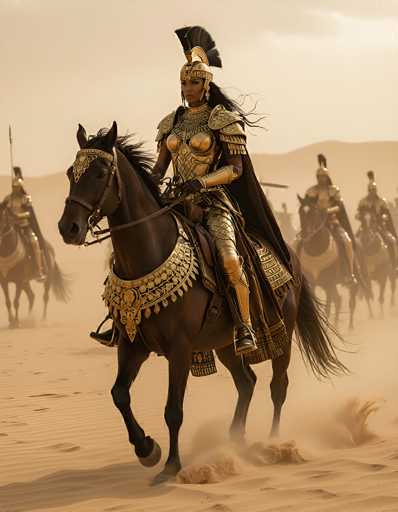 In this captivating image, a striking female warrior is depicted riding a majestic brown horse. The horse is adorned with an elaborate gold collar, featuring intricate designs that include a prominent gold skull at its center. The warrior herself is clad in an impressive ensemble of gold armor, complete with a helmet that has a distinctive black feather protruding from the top. Her long black hair flows freely, adding to her fierce appearance. The horse is captured in mid-gallop, with its front legs raised off the ground, kicking up a cloud of dust that swirls around them. In the background, a line of similarly armored horsemen can be seen, all wearing gold helmets and armor, with their spears held high. The scene is set against a backdrop of endless sand dunes, stretching as far as the eye can see, under a sky that blends seamlessly with the sandy hues below.