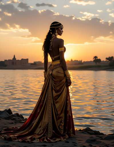 In this captivating image, a woman stands gracefully on a rocky shoreline, her back turned towards the viewer. She is adorned in a stunning, intricately designed dress that features a rich palette of gold, red, and brown hues. The dress is backless, revealing her shoulders and upper back, and it cinches elegantly at her waist with a gold belt. Her arms are adorned with gold bangles, and a delicate gold chain drapes over her shoulder, adding to her regal appearance. Her hair is styled in a long ponytail, intricately braided and wrapped with gold accents, complementing her overall look. She gazes out over a serene body of water, which reflects the warm, golden light of the setting sun. The sky is a breathtaking canvas of orange and yellow hues, with clouds tinged in gray and white. In the distance, the silhouettes of buildings and palm trees add depth to the scene, creating a picturesque and tranquil moment.