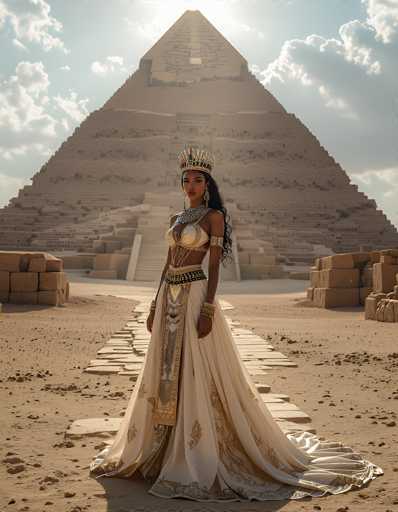 In this captivating image, a woman stands gracefully in front of the majestic Great Pyramid of Giza, with the sun's rays casting a golden glow over the ancient structure. She is adorned in an elaborate Egyptian-inspired outfit, featuring a white and gold dress that flows elegantly around her. Her attire includes a striking gold and blue crown atop her head, complemented by long, dangling earrings and a matching necklace. Her midriff is exposed, and she wears a gold and blue belt that cinches her waist. A gold armband adorns her left arm, adding to her regal appearance. The woman's long, dark hair cascades down her back, and she gazes directly at the camera with a serene expression. She stands on a stone pathway, surrounded by the sandy expanse of the desert, with the pyramid's massive structure looming behind her, its steps leading up to the sky. The scene is framed by a clear blue sky dotted with fluffy white clouds, enhancing the timeless beauty of this moment.