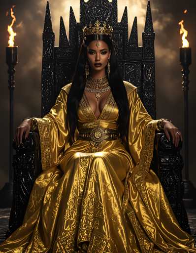 A woman is seated on a throne with a golden crown and robe, wearing a gold necklace and earrings. The throne is adorned with a large gold dragon head, and the background features a dark sky with flames from torches.