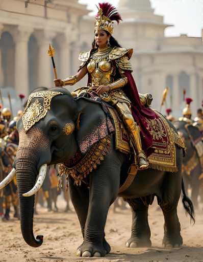 The image depicts a striking scene of a woman clad in elaborate gold armor, riding a black elephant adorned with intricate gold decorations. The elephant, with its trunk curled upwards, features a golden headpiece and a collar embellished with gold and red. The woman, who has long black hair and is wearing a golden crown with a red feather, also sports a red cape and gold armor that includes shoulder pads, wrist guards, and boots. She holds a golden spear in her right hand. The background reveals a sandy terrain with numerous soldiers dressed in gold armor and helmets, some carrying spears, and others on horseback. Behind them, a grand white building with columns and a dome-like structure can be seen, adding to the majestic and regal atmosphere of the scene.