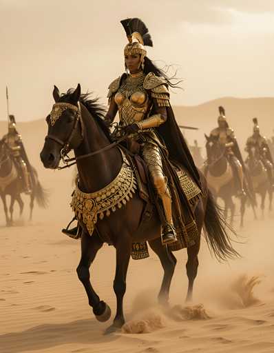 A woman dressed as Cleopatra is riding a brown horse through a desert landscape. The horse has a gold-colored saddle and bridle, and the rider wears a golden helmet with a feather on it.