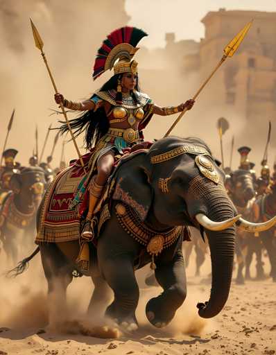A woman dressed in ancient Egyptian garb is riding an elephant through a desert landscape, holding a spear and wearing a headdress with feathers.