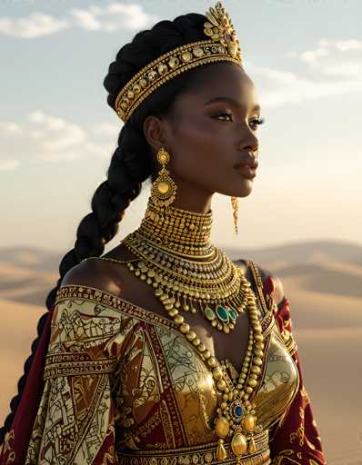 The image depicts a strikingly beautiful African-American woman adorned in elaborate, ancient Egyptian-style attire. She stands against a backdrop of a light blue sky with scattered white clouds and a distant mountain range, suggesting a serene desert landscape. Her long black hair is intricately braided and wrapped around her head, crowned with a golden headband featuring a prominent gold flower at the front. She wears large, ornate gold earrings with circular designs and dangling elements, complementing her multiple gold necklaces that encircle her neck and chest. Her dress is a rich tapestry of gold, red, and brown hues, with intricate patterns and a V-neckline that reveals her shoulders. The dress is further embellished with gold beads and jewels, including a notable blue jewel at the center of her chest. The overall effect is one of regal elegance, evoking the splendor of ancient Egyptian royalty.