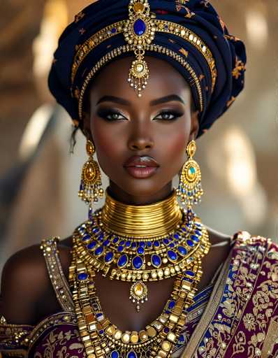 This image features a stunning African-American woman adorned in an elaborate and ornate outfit. She wears a dark blue turban, intricately decorated with gold accents and adorned with a large, ornate jewel that hangs down the center of her forehead, resting on her nose. Her makeup is striking, with dark, smoky eyeshadow and long, dramatic eyelashes that frame her light brown eyes. Her lips are painted a glossy, light brown shade.

Her attire is equally impressive, featuring a gold choker that sits snugly around her neck, from which a series of elaborate necklaces hang. These necklaces are adorned with blue gemstones, possibly sapphires, and interspersed with gold accents. The first necklace is a simple strand of blue stones, followed by a more elaborate piece with gold and blue stones. The third necklace is a wide band of blue stones, and the fourth is a shorter strand with a central blue stone. The final piece is a wide, ornate necklace that combines gold and blue stones, with a prominent blue stone at its center.

Her dress is equally elaborate, with a rich red fabric featuring intricate gold floral patterns. The fabric drapes elegantly over her shoulder, adding to the overall grandeur of her appearance. The background is blurred, with a mix of brown and white hues, ensuring that all attention remains on the woman's exquisite ensemble.