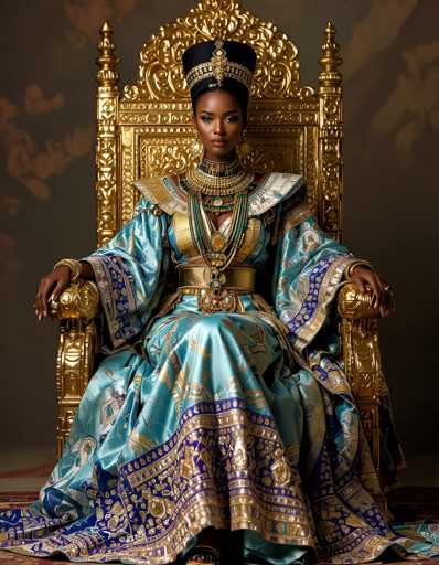 This image portrays a regal African woman seated on an ornate, golden throne that exudes an air of majesty and opulence. The throne, intricately designed with elaborate patterns, features a high backrest and armrests that are adorned with gold accents. The woman, with her dark skin and striking features, is dressed in a luxurious blue gown embellished with gold and blue patterns, and a golden belt cinches her waist. Her attire is further accentuated by an array of gold and turquoise jewelry, including a prominent necklace and multiple bracelets on her wrists. She wears a black headpiece with gold detailing that complements her overall regal appearance. Her hands rest gracefully on the armrests, and she gazes directly at the camera with a composed and dignified expression. The background is a muted brown, which serves to highlight the vivid colors and intricate details of her attire and the throne. The image captures a moment of serene power and elegance, reminiscent of a royal portrait.