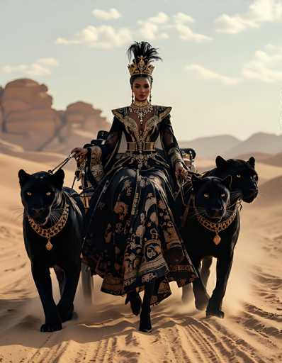 The image depicts a striking scene set in a vast, arid desert landscape. At the center of the composition is a majestic woman seated atop a grand chariot. The chariot is pulled by two powerful, black panthers, each adorned with an ornate gold collar and medallion. The woman's attire is equally impressive, featuring a long, flowing black dress embellished with intricate gold designs. Her ensemble is complemented by a golden belt and a regal golden crown, which is further embellished with a plume of black feathers. She wears long, dangling earrings and a matching golden choker necklace, adding to her regal appearance. The woman's gaze is intense, and her expression is one of determination. The chariot's wheels are partially obscured by the swirling dust, adding to the dynamic feel of the scene. The background is a stark, barren expanse of sand, with no signs of vegetation, emphasizing the harsh and isolated nature of the setting.