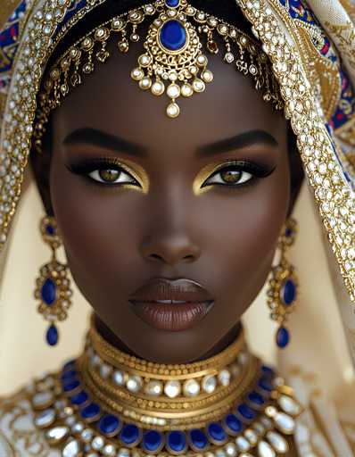 This image features a close-up of a young African-American woman, possibly in her late teens or early twenties, with a striking and detailed appearance. Her skin is a rich dark brown, and she has expressive brown eyes accentuated by gold eyeshadow and long eyelashes. Her lips are adorned with a shimmery brown lipstick, adding to her elegant look.

She is wearing an elaborate headdress that drapes over her head and shoulders, crafted from gold and white beads, with intricate designs and blue jewels. The headdress includes a prominent blue jewel at the center, which extends down to her forehead, resembling a third eye. Her earrings are large and ornate, featuring blue jewels surrounded by gold and white beads.

Around her neck, she wears a thick, layered necklace that combines gold and white beads with blue jewels, adding to the opulent nature of her attire. The background of the image is a light brown, which complements the colors of her outfit and accessories. The overall composition highlights her regal and sophisticated appearance.